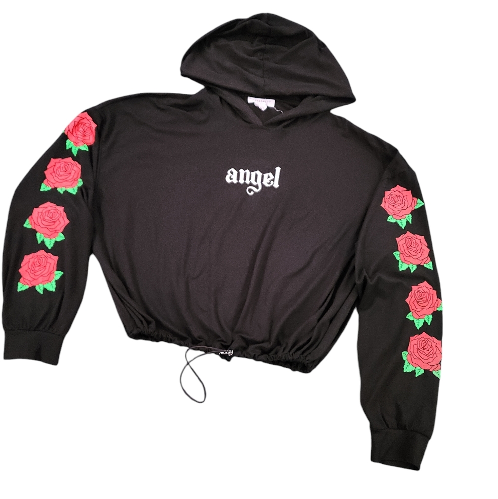 Streetwear Society Hooded‎ Angel Top Sz Medium Roses Black Longsleeve Womens Jr. - Picture 2 of 9